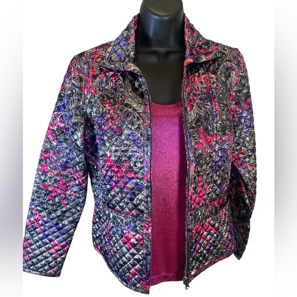 Chico’s Travelers Metallic Magenta Tank & Quilted Paisley Zip Jacket Set Size 0 - Picture 6 of 6
